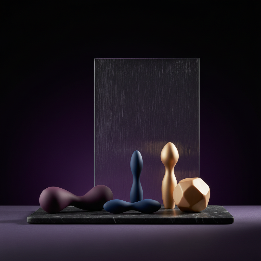 A minimalist yet bold photographic realism image focusing on discreet adult products: a smooth, matte-black marble slab as a base, set against a dark, gradient background transitioning from inky purple to black. On the slab, three abstract, sculptural objects in soft-touch silicone finish—one in deep plum, one in midnight blue, one in champagne gold—are arranged like fine art pieces. Behind them stands a frosted glass privacy screen with a subtle, rippled texture that catches soft, directional studio lighting from the side. Highlights glide along the curves of each object while the background melts into shadow. Shot from a low, slightly angled perspective with shallow depth of field, the composition feels luxurious, unapologetically adult, and design-forward, presenting intimacy tools as elegant wellness accessories.