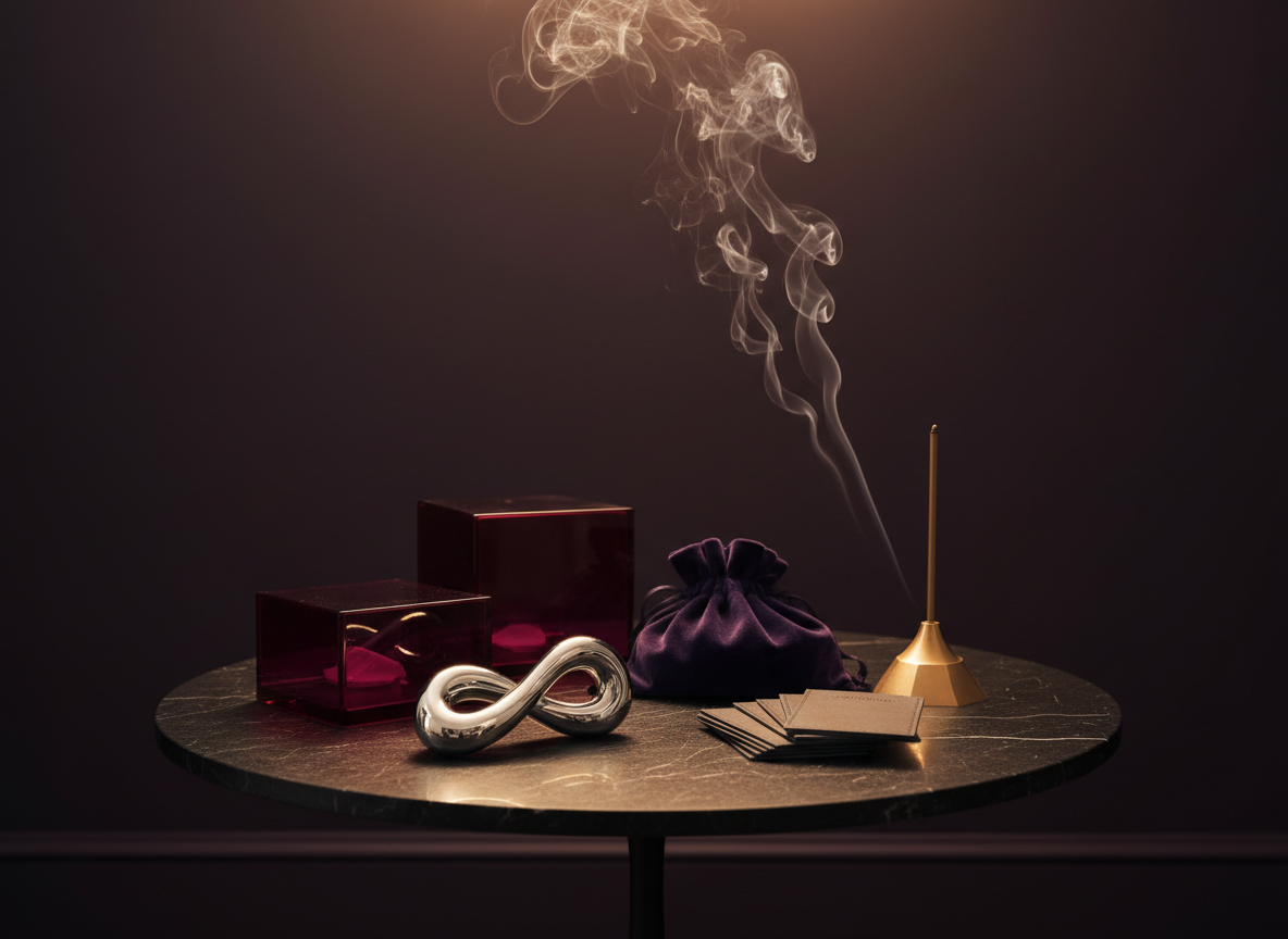 A luxurious adult wellness altar rendered in photographic realism: a low, circular black stone table with a subtly textured surface, set against a dark plum wall. On the table sit artfully arranged items—an opaque ruby-red glass box, a pair of intertwined chrome sculptures, a velvet pouch, and a stack of small, leather-bound affirmation cards with no visible text. Wisps of incense drift upward from a minimalist brass holder, curling softly through the air. Overhead, diffused, warm studio lighting creates glossy reflections on metal surfaces and a sensual glow on the stone, while the background falls into a velvety blur. Shot from a slightly elevated angle with rule-of-thirds composition, the image exudes a bold, ritualistic, adult-only atmosphere focused on pleasure, consent, and self-discovery.