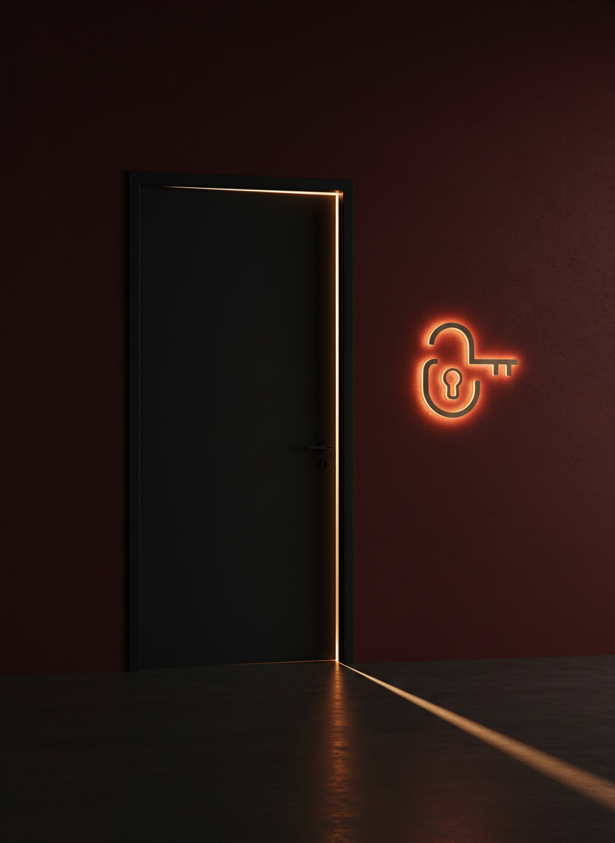 A moody, photographic realism image of an age-verification concept without text or people: a heavy, matte-black metal door set into a deep crimson wall, the door slightly ajar. The edge of the door reveals a sliver of warm, golden light spilling onto a dark, polished concrete floor, creating a dramatic diagonal highlight. On the wall beside the door, an abstract, illuminated icon in the shape of a subtle lock and keyhole glows softly, symbolizing privacy and adult access. The scene is lit with strong contrast, using a single hidden light source from behind the door to carve bold shadows. Captured from a low-angle perspective, the composition feels powerful, exclusive, and unapologetically adult while remaining tasteful and sophisticated.