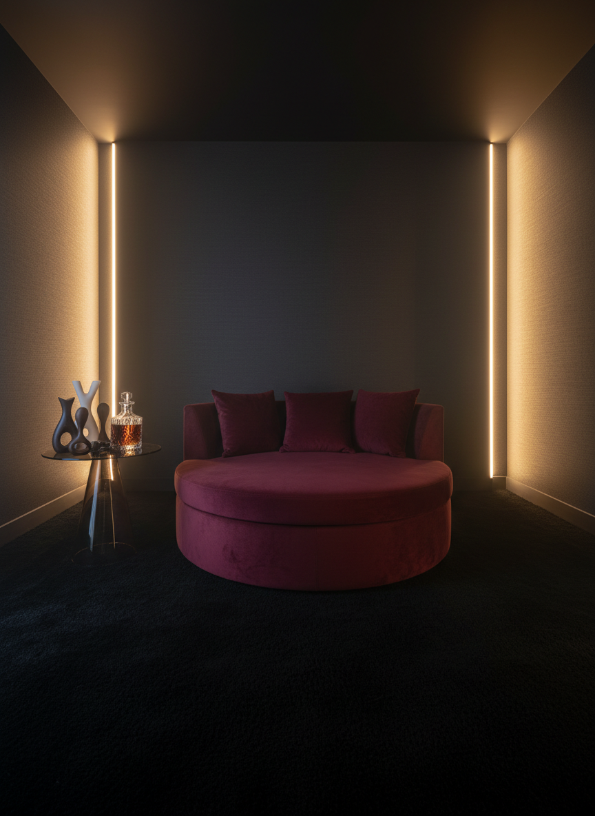 A dramatic, photographic realism scene of a modern adult wellness lounge: a low, circular velvet chaise in deep burgundy sits in the center of a dimly lit room with charcoal walls and a plush black rug. On a nearby smoked-glass side table, sculptural, non-explicit intimacy products rest beside a heavy crystal decanter filled with dark amber liquid. Vertical LED light strips in warm tones trace the corners of the room, casting sensual gradients of light and shadow. A faint haze in the air softens the edges, adding mystery. Shot at eye level with a wide lens, the composition captures the full space, evoking a bold, members-only sanctuary where adults can explore wellness, pleasure, and connection without judgment.