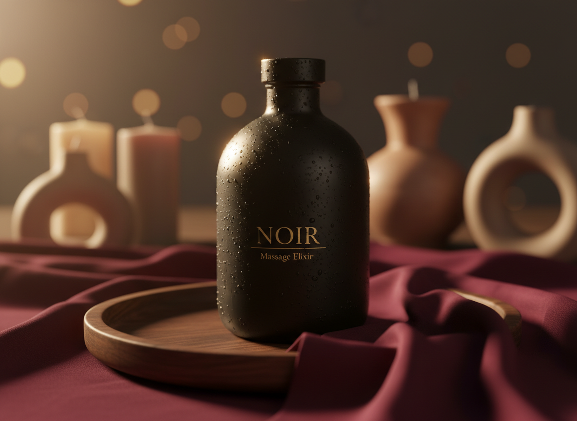 A close-up, photographic realism shot of an elegant, matte-black glass bottle of luxury massage oil, its curved surface catching tiny beads of condensation. The bottle rests on a low, dark wooden tray lined with deep burgundy silk fabric, subtly rumpled to suggest movement and sensuality. Around it, unfocused silhouettes of sculptural candles and abstract ceramic forms hint at adult intimacy without depicting people. Warm, golden hour light from the side glows across the glass, creating soft highlights and velvety shadows. Captured at a slightly elevated angle with shallow depth of field, the background dissolves into rich bokeh, evoking a bold, unapologetic atmosphere of adult wellness and indulgent self-care.