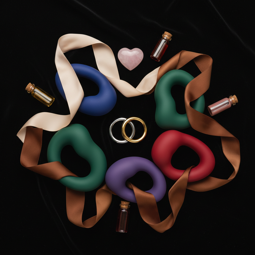 A striking, photographic realism flat lay celebrating inclusive adult wellness without showing people: a circular, black velvet backdrop covers the frame, on which rests a diverse collection of sensual objects. There are satin ribbons in various skin-tone-inspired hues, a spectrum of silicone-feel abstract shapes in muted jewel tones, a pair of intertwined metallic rings, and a small, heart-shaped stone carved from rose quartz. Tiny glass vials of massage oils in different colors—amber, blush, and deep garnet—catch the light. Soft, diffused studio lighting from above minimizes harsh shadows and creates a gentle sheen across all materials. Shot directly overhead with sharp focus and meticulous spacing, the composition feels bold, celebratory, and inclusive of all orientations and relationship statuses, emphasizing connection, pleasure, and acceptance without shame.