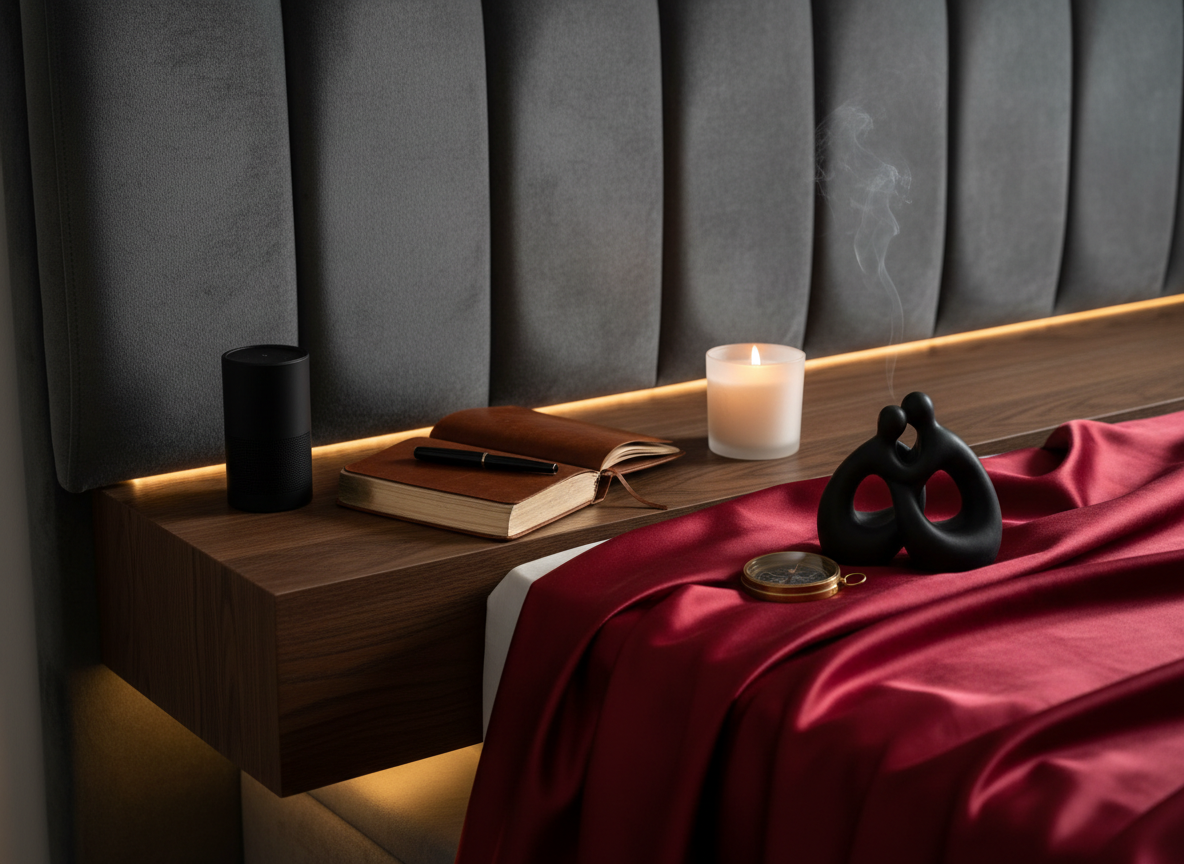A meticulously arranged bedside vignette in photographic realism: a smooth, charcoal-gray velvet headboard rising behind a low, minimalist nightstand of dark stained oak. On the nightstand, an open leather-bound journal, a sleek black wireless speaker, and a frosted glass candle with a slow, steady flame. A deep red satin sheet spills over the mattress edge, its reflective surface forming soft waves that catch the light. Discreet, sculptural objects suggest intimacy and exploration without being explicit. Warm, dimmable lamp light from a hidden source casts dramatic side lighting, creating sensual shadows and highlights. Shot at eye level with a medium depth of field, the composition feels bold, private, and deeply adult, celebrating comfort, curiosity, and pleasure without shame.